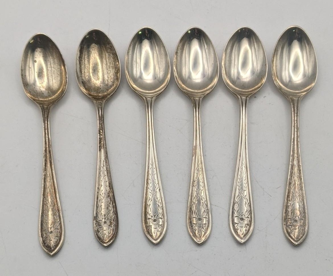 A set of six silver Viners Ltd teaspoons having engraved terminals, total weight 80.5g, hallmarked