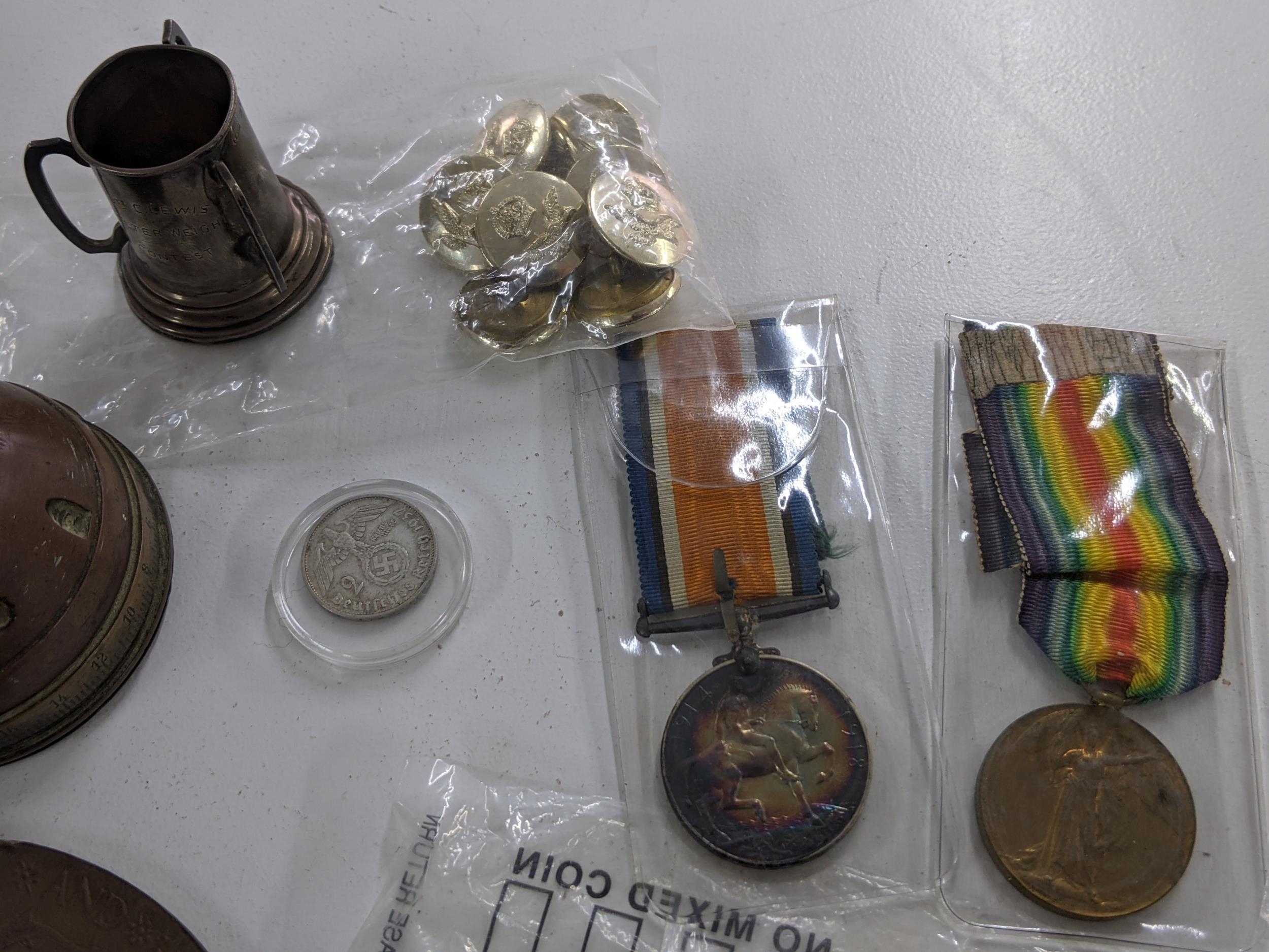 Militaria to include a memorial plaque, medals, a silver boxing trophy, cap badge, and German coin - Image 7 of 8