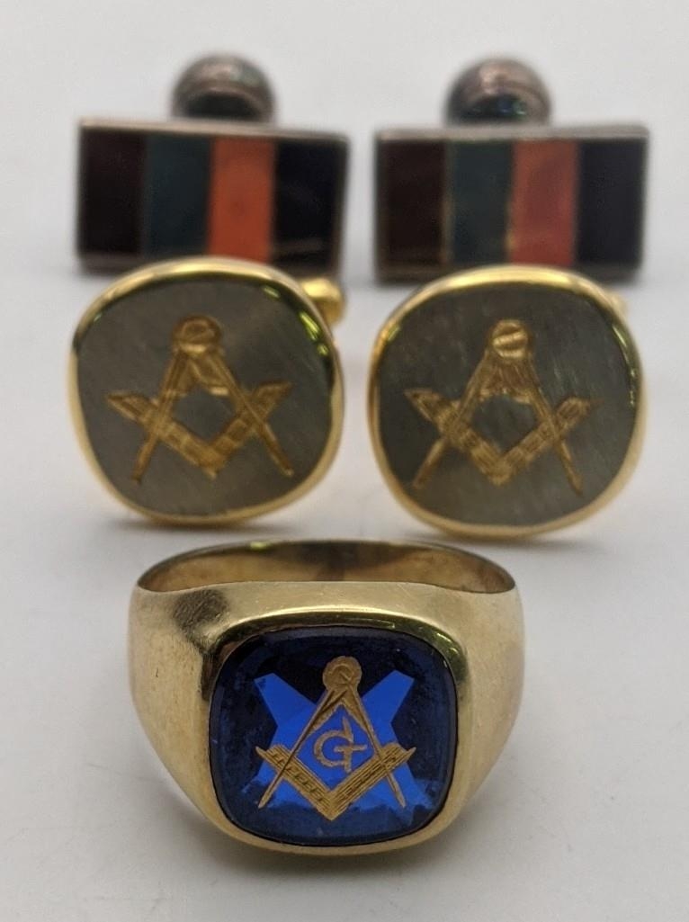 A gold coloured gents masonic ring set with a blue stone, decorated in gilt 585 9.6g together with a - Image 2 of 2