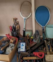 A mixed lot of tools and sport items to include chisels, screwdrivers, clamps, hammer, tennis