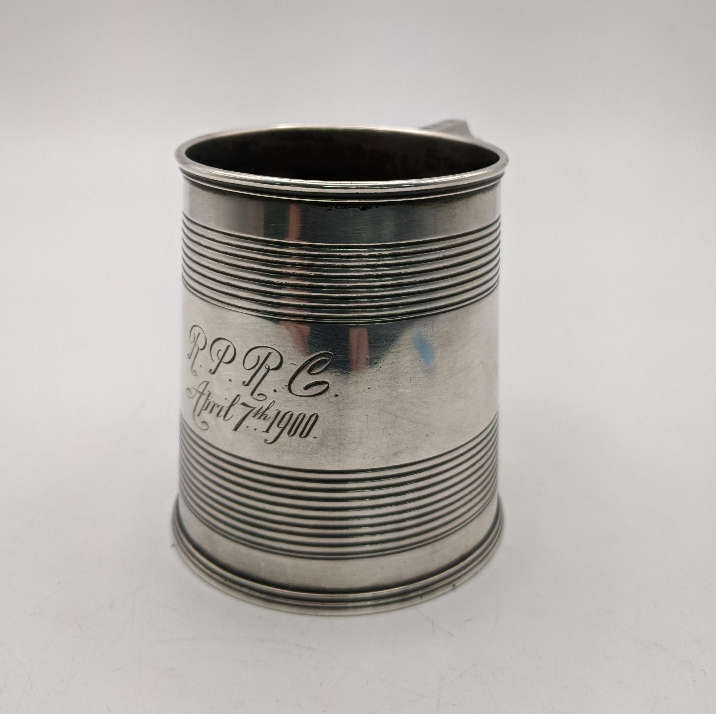 A George IV silver christening mug, dated, initials engraved to front between two bands of