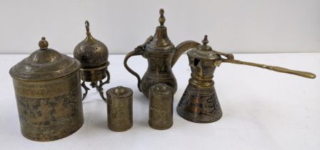Middle Eastern brass, copper and silver Dallah, water jug, an incense burner, along with brass