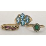 Three 9ct gold rings, each set with coloured stones 6.7g Location: