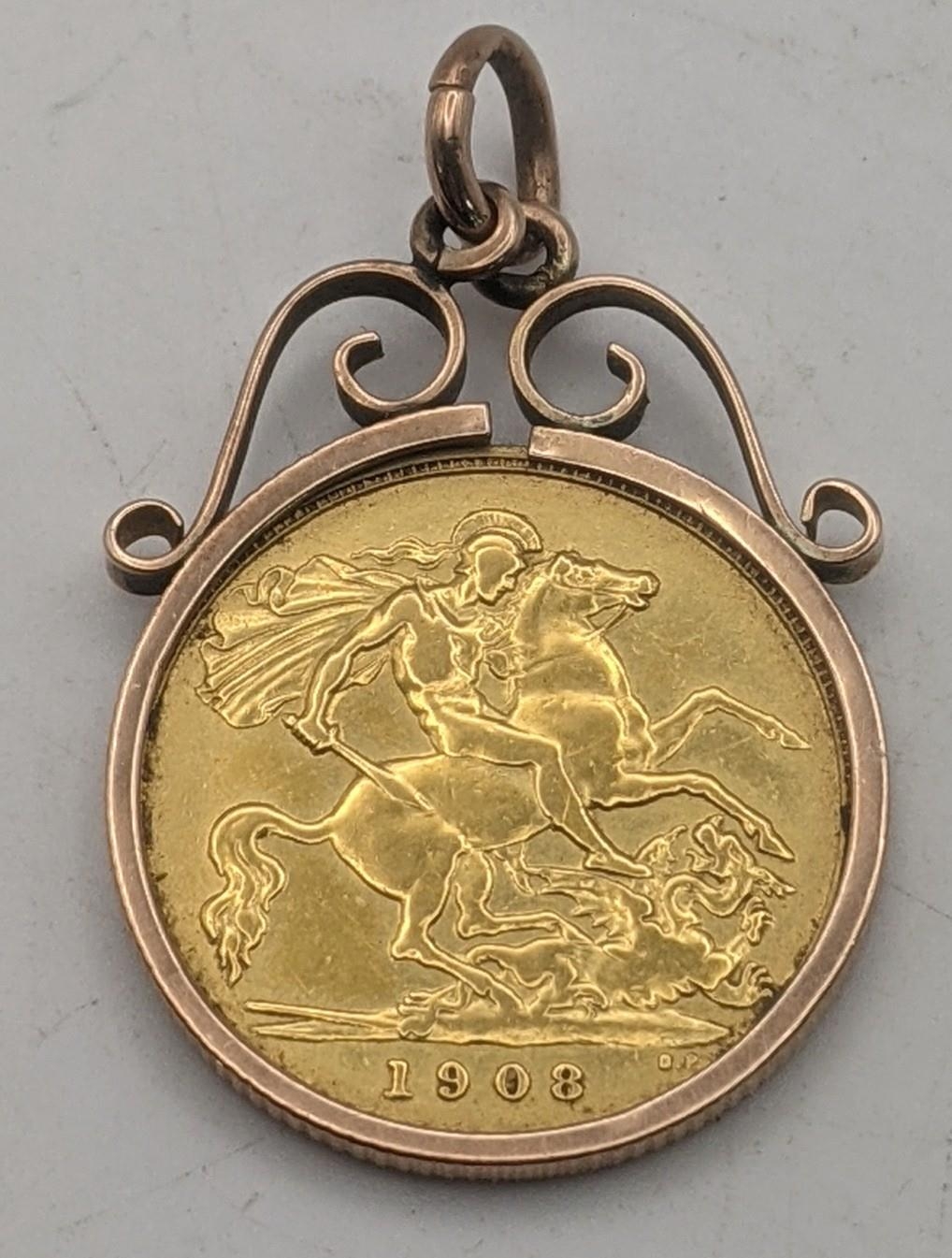 A 1908 half-sovereign set in a 9ct gold mount, total weight 5.1g Location: