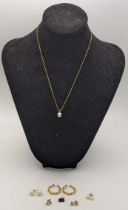 Mixed 9ct gold and yellow metal jewellery to include a pear pendant on a 9ct gold necklace, a pair