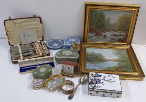 A mixed lot to include two Chretie Corrie oils on board, Wedgwood, Royal Crown Derby knives,