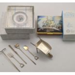 A modern set of silver miniature garden tools and a wheelbarrow 50g, a Halcyon Days enamelled box,
