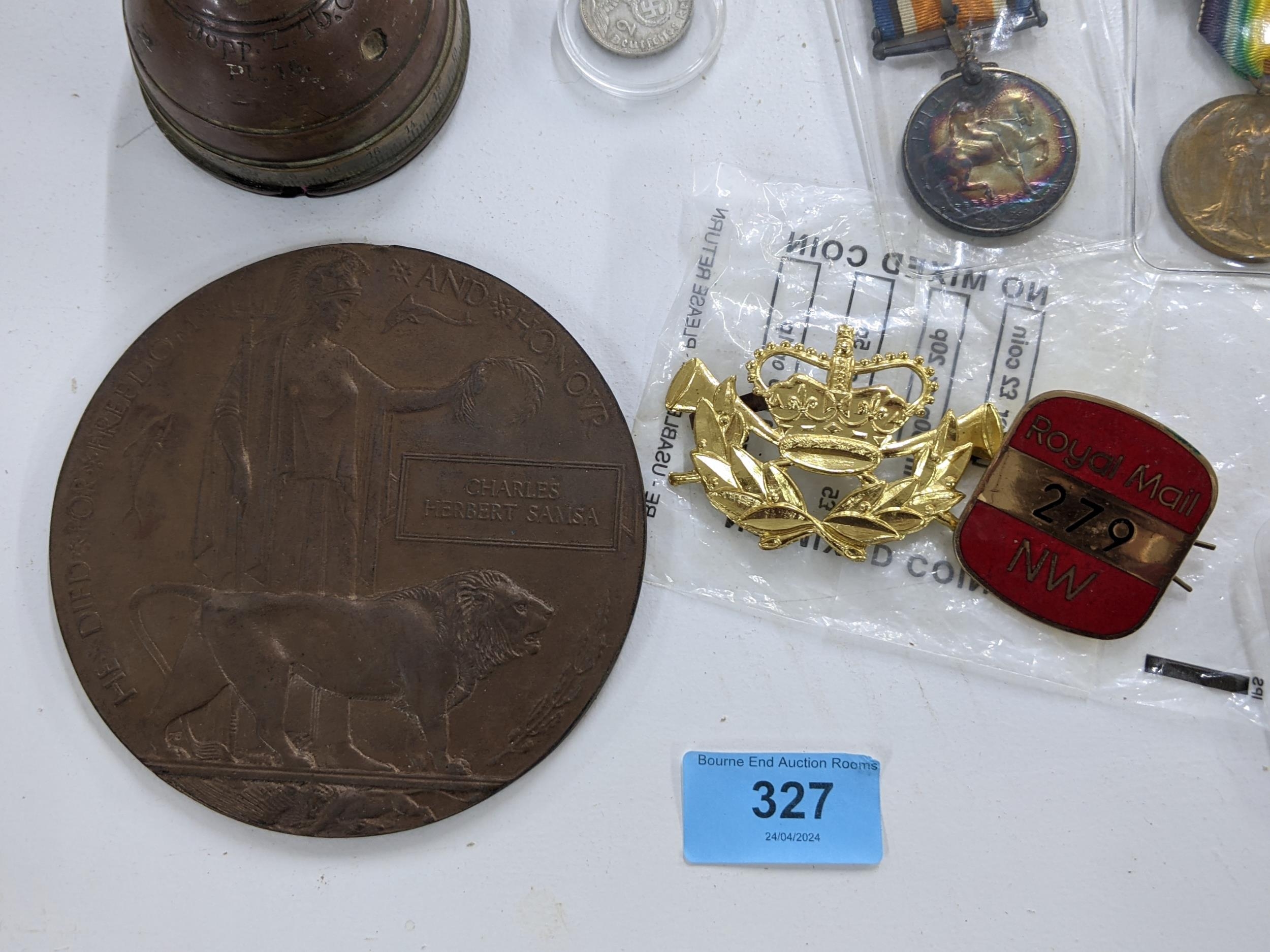 Militaria to include a memorial plaque, medals, a silver boxing trophy, cap badge, and German coin - Image 3 of 8