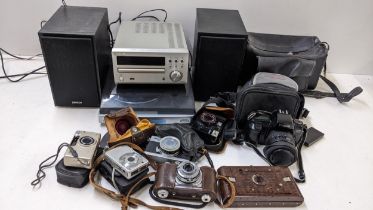 A mixed lot to include a Denon CD receiver with speakers, a Canon EOS 10008 camera and others