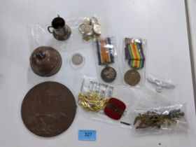 Militaria to include a memorial plaque, medals, a silver boxing trophy, cap badge, and German coin