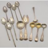 Mixed silver cutlery to include salt spoons, a pair having gilt bowls, together with six 800 grade