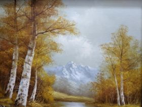 Grenon - landscape with silver birch trees and mountains to the distance, signed, oil on canvas,