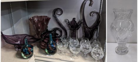 Mixed glassware to include purple art glass centre piece, two Mdina style vases, crystal drinking