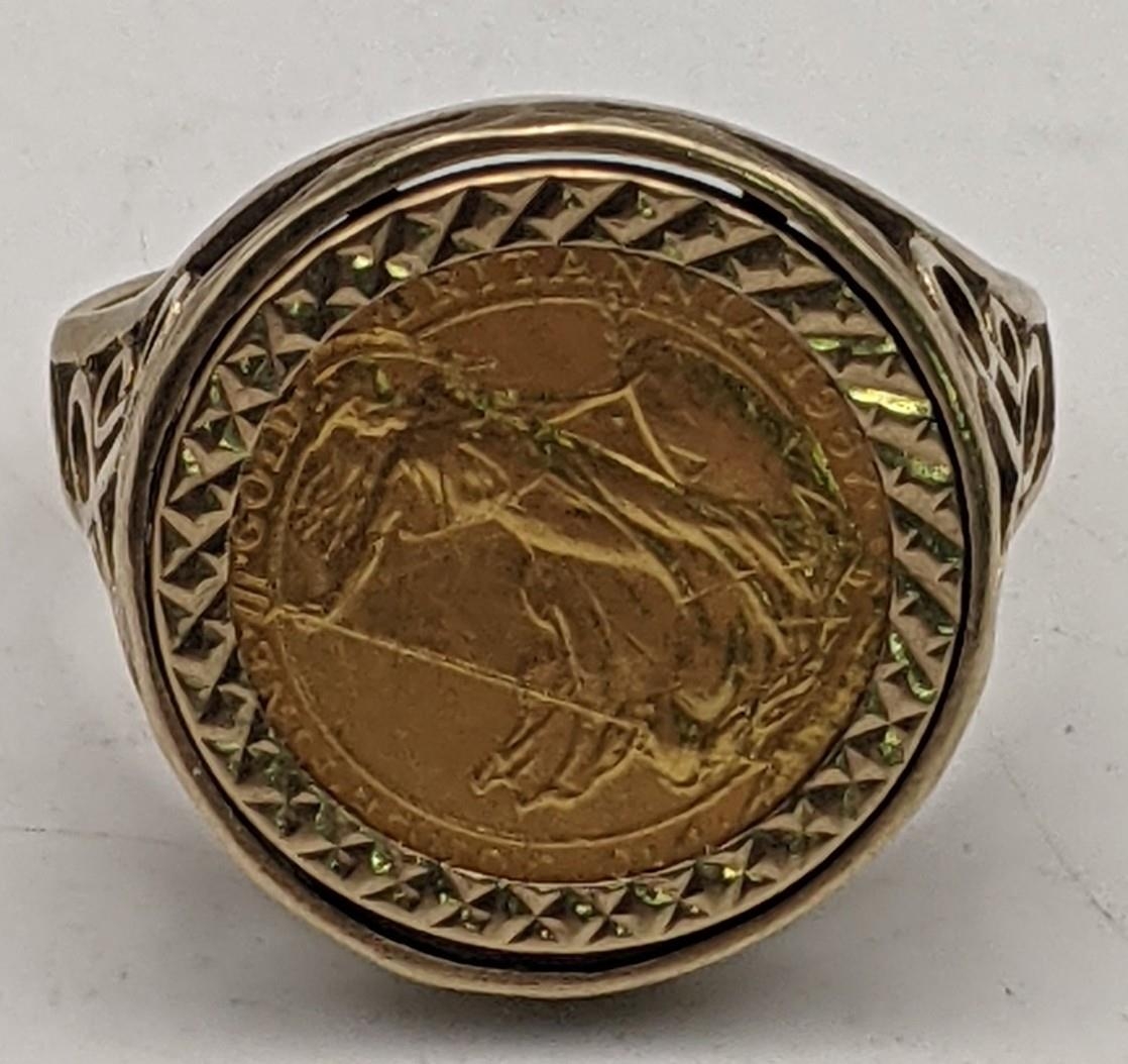 A 1/10 Britannia 1987 gold coin mounted in a 9ct gold ring, total weight 6.9g Location: