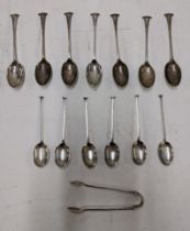 A set of six silver coffee spoons and six Onslow style pattern teaspoons and tongs Location: Cab