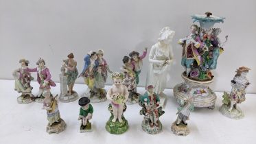 Mixed 18th century and later porcelain figures to include an 18th century Derby figure of a man with