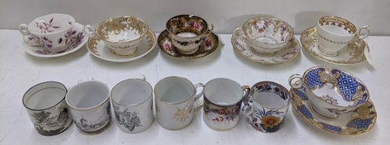 A selection of 19th century and later cups and saucers to include Coalport, Spode, bat printed cups,