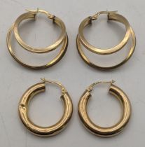A pair of 9ct gold double hoop earrings, 3g, together with a pair of hoop hearings A/F, 2.2g,