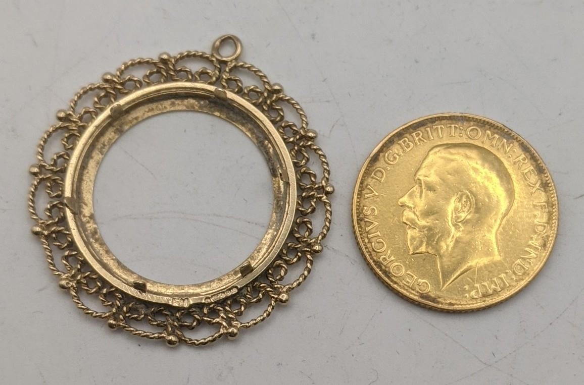 A gold coin tested as 9ct gold, together with 9ct gold pendant mount, total weight 11.3g Location: - Image 2 of 2