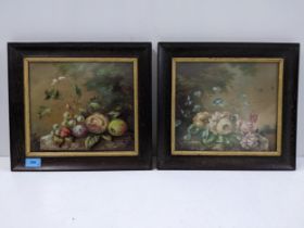 A pair of still life paintings, one depicting fruiting vines, summer berries, apples and peaches,