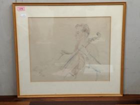 A watercolour portrait of British cellist Denis Vigay at BBC orchestra by Athene Andrade bears a