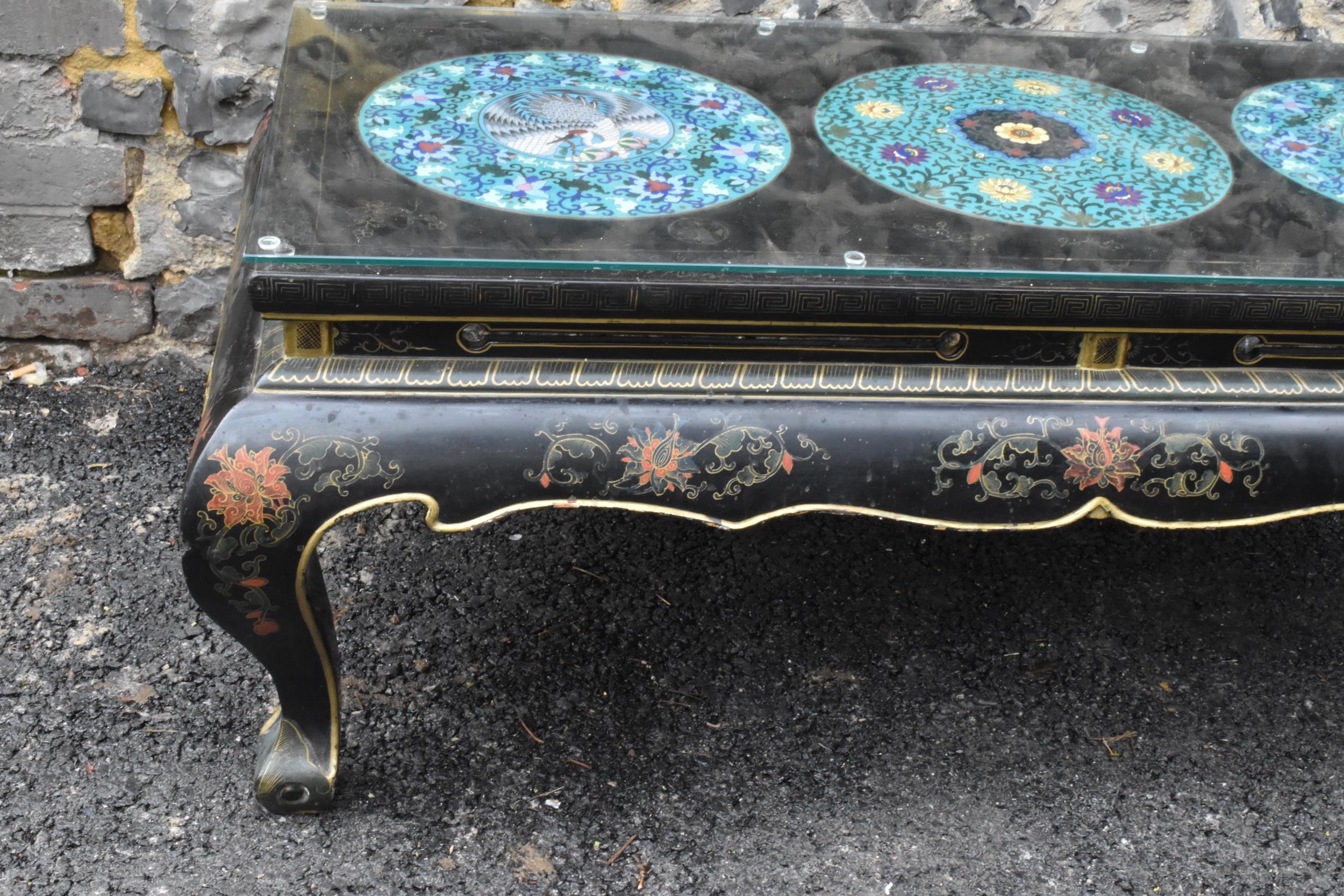 A Chinese 20th century cloisonne coffee table, the black lacquered low coffee table with a - Image 4 of 10
