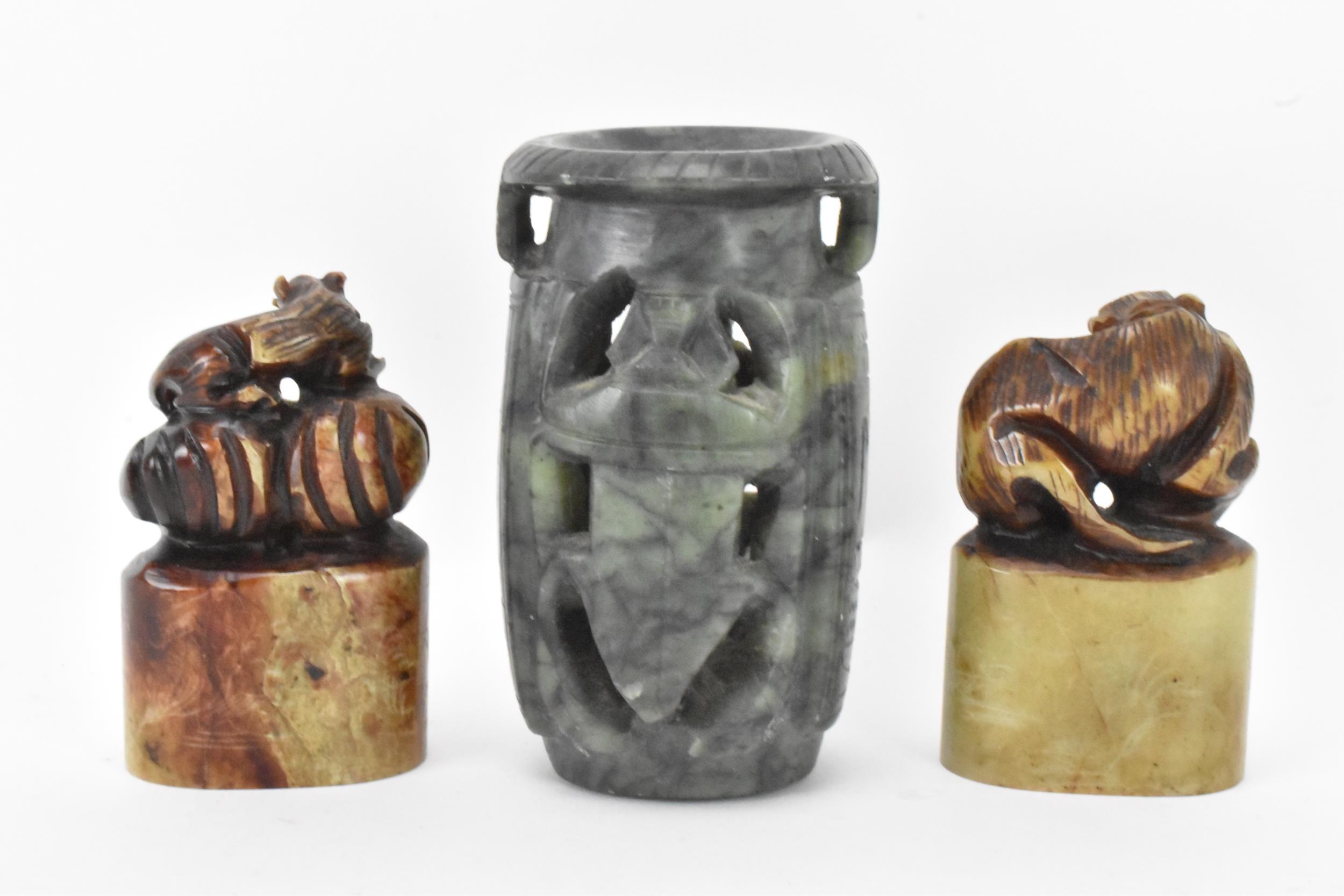 Two Chinese soapstone seals carved with animals raised on oval formed bases carved with landscape - Image 3 of 6