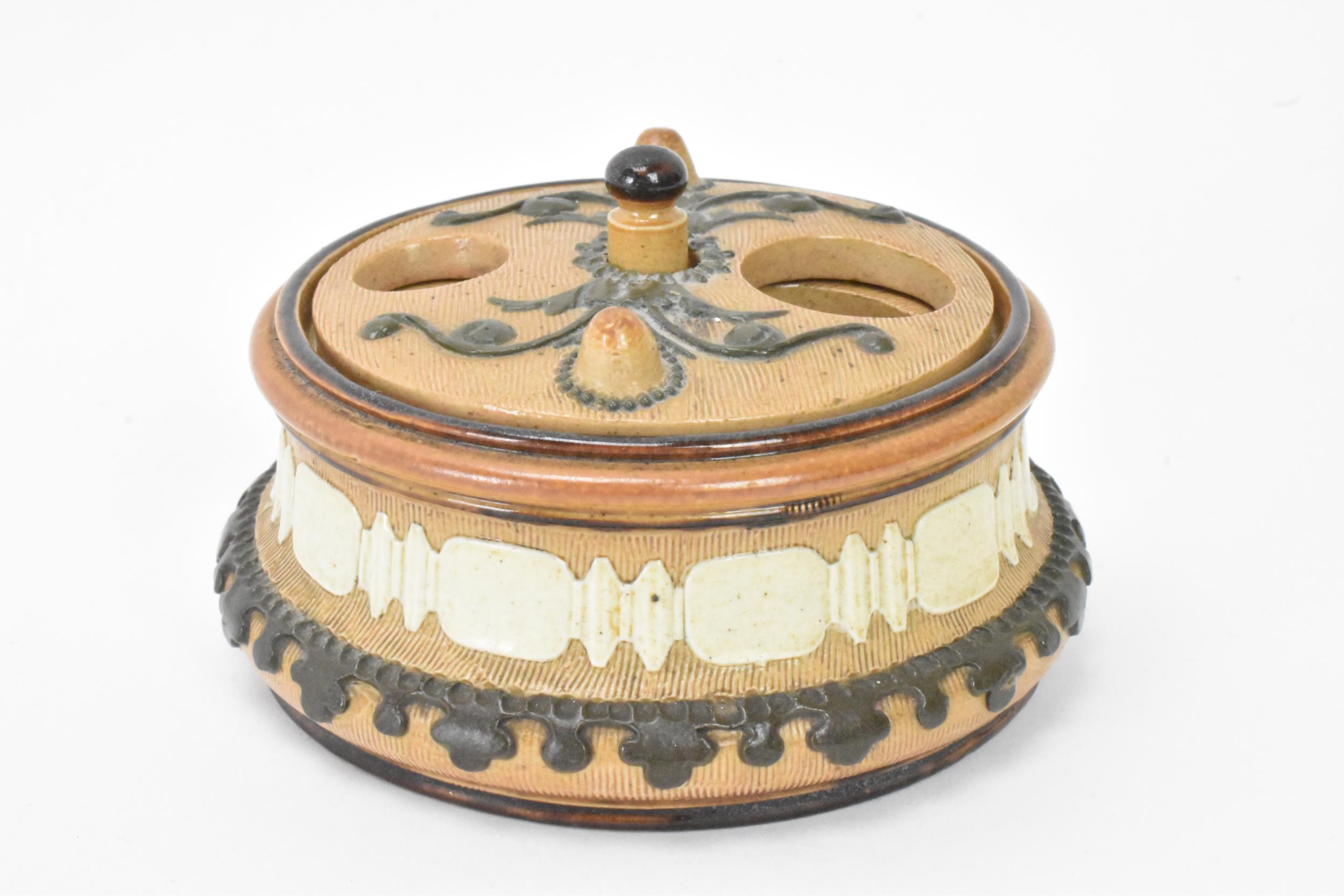 A rare and unusual Doulton stoneware container, possibly an inkwell with revolving lid, the well - Image 4 of 10