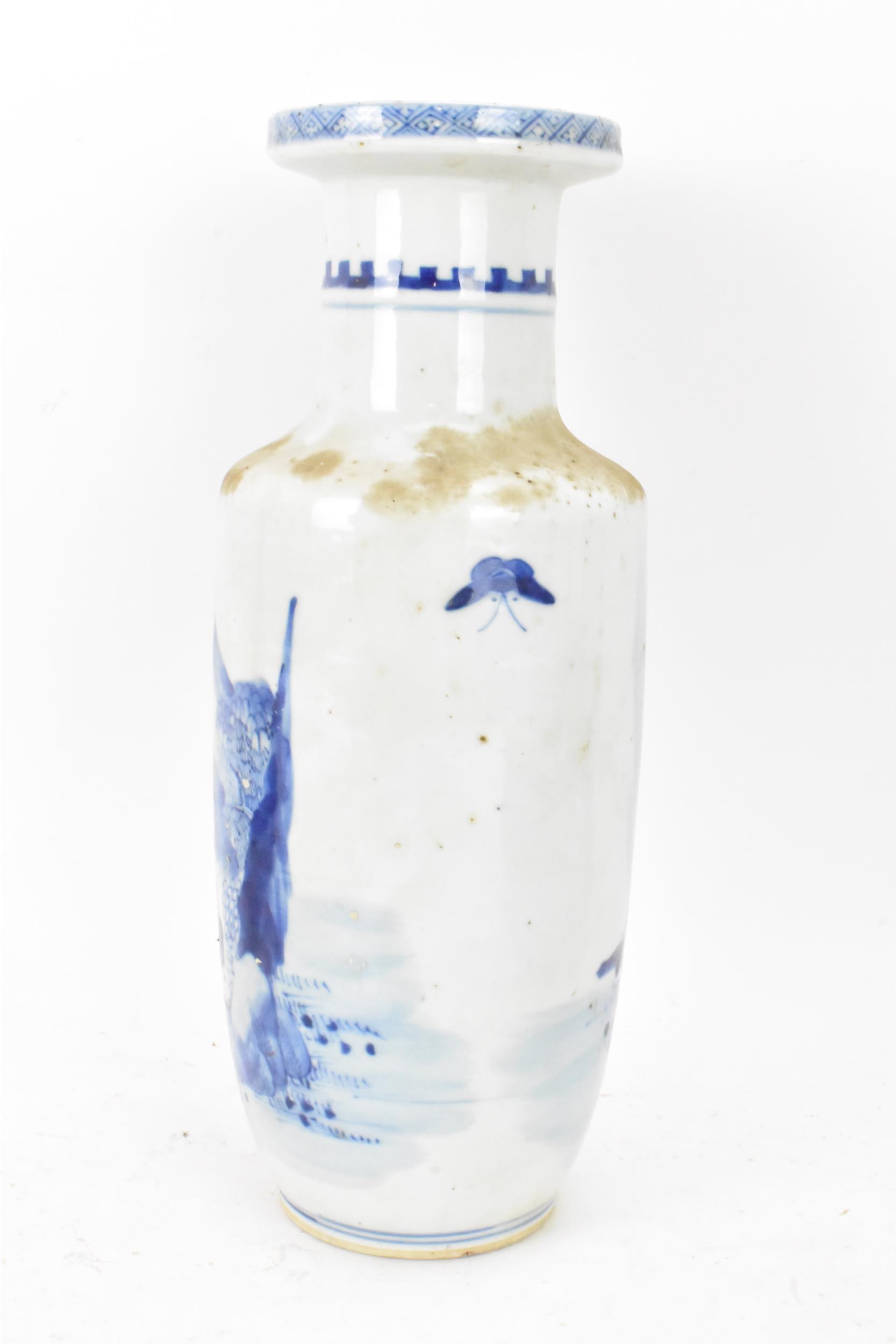 A Chinese late Qing dynasty blue and white rouleau vase, late 19th/early 20th century, decorated - Image 3 of 6