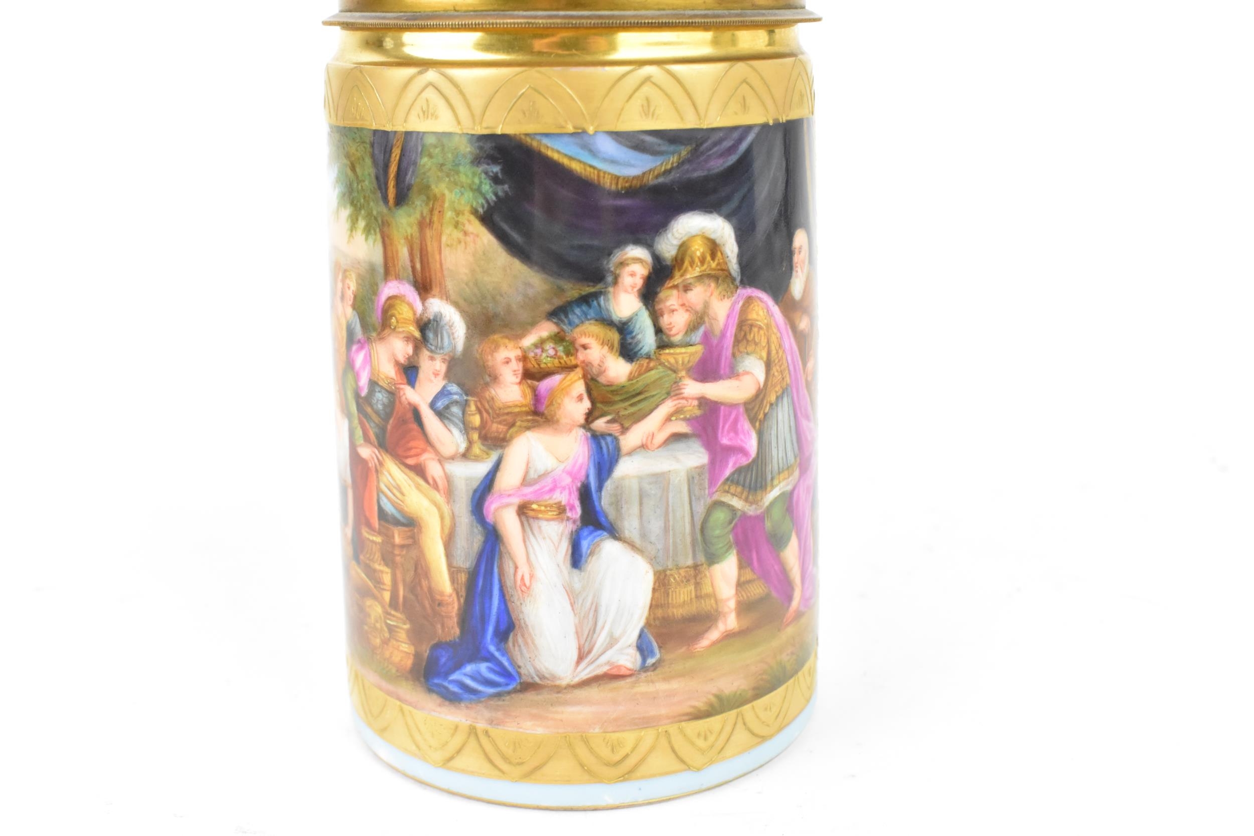 A brass-mounted Royal Vienna porcelain tankard, of cylindrical form painted with a figurative - Image 3 of 9
