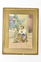 Francesco Coleman (1857-1918) - A watercolour depicting a lady using a spinning loom, signed to