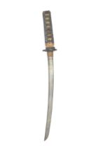 A Japanese wakizashi sword, steel blade, black braid bound tsuka, shagreen handle and