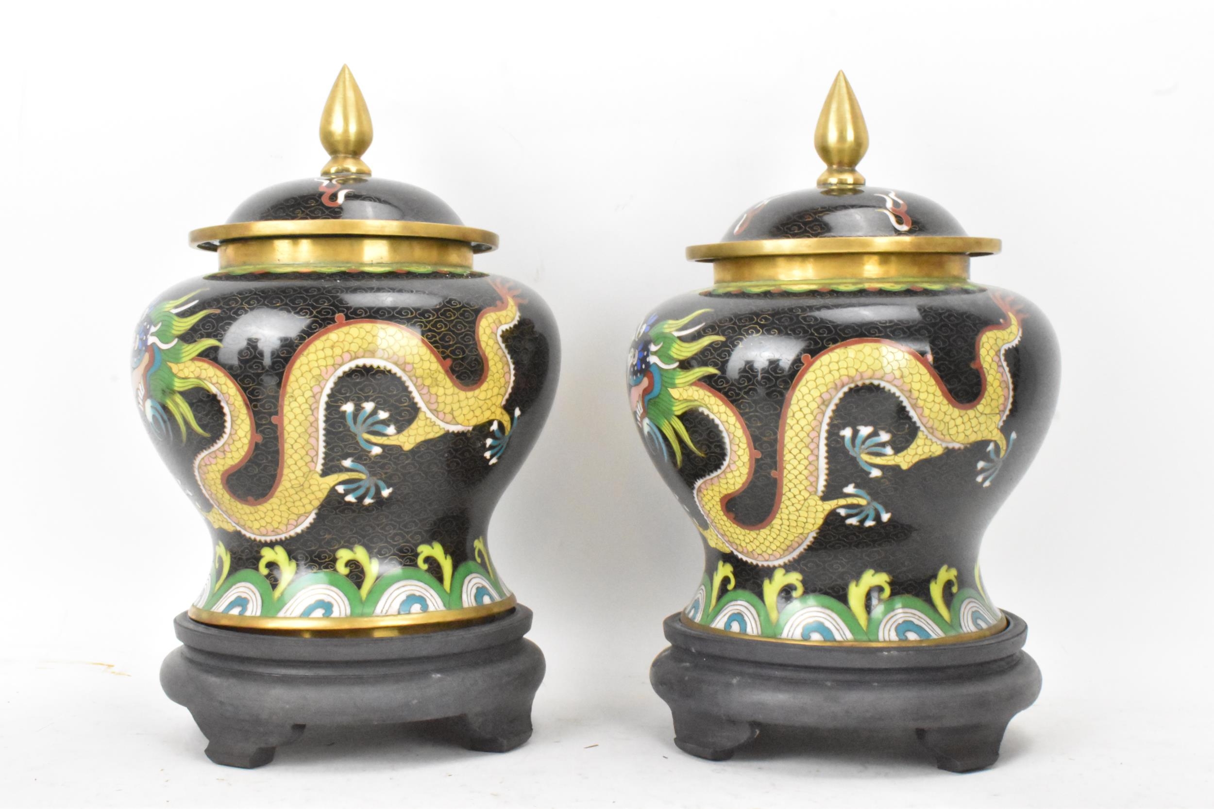 A pair of Chinese mid 20th century cloisonne lidded vases, each of baluster form body with black - Image 2 of 8