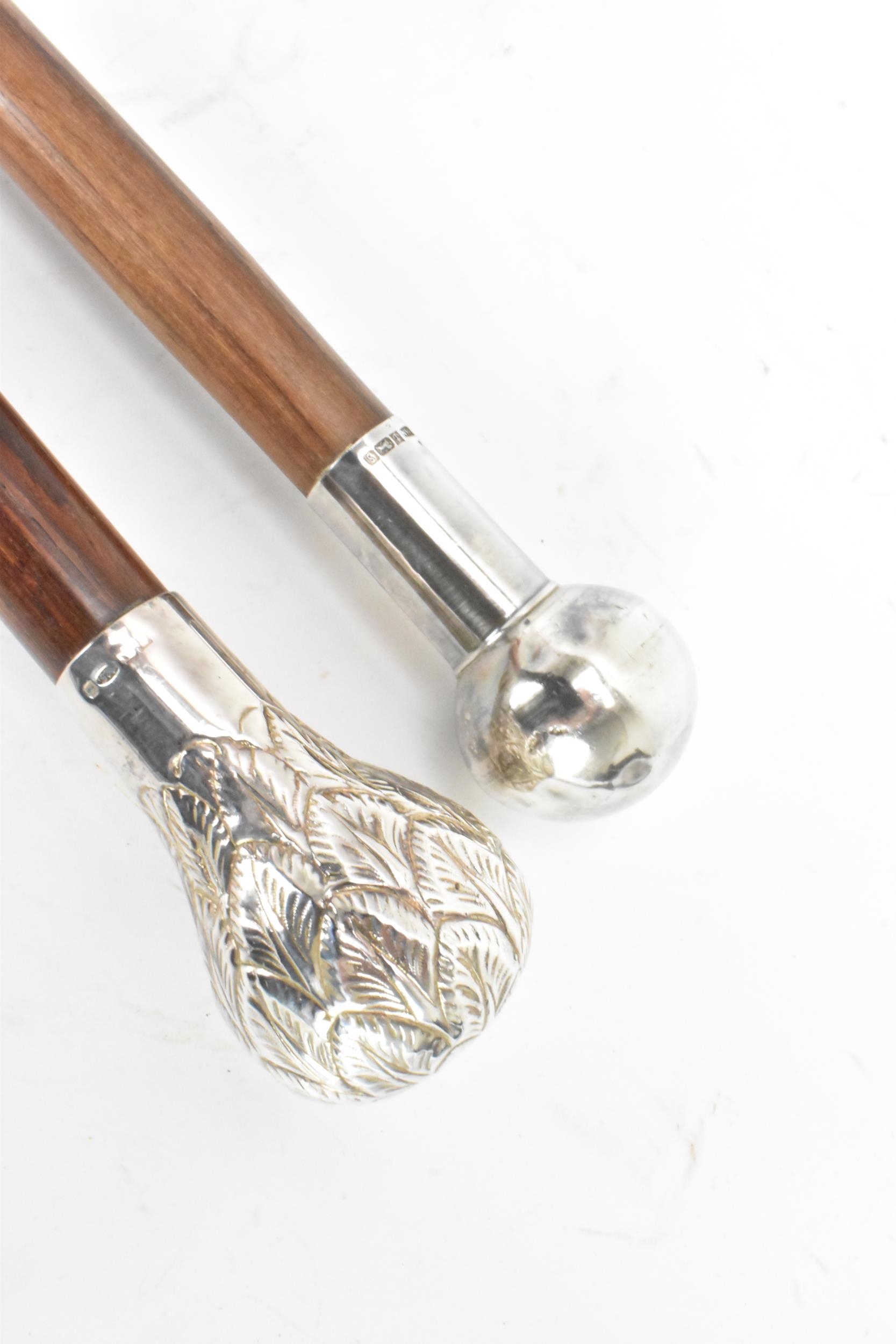 Two mid 20th century silver topped walking sticks, one having a ball knopped finial, hallmarked - Image 3 of 10