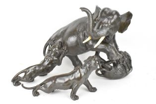 A Japanese Meiji period bronze group modeled as an elephant being attacked by three Siberian tigers,