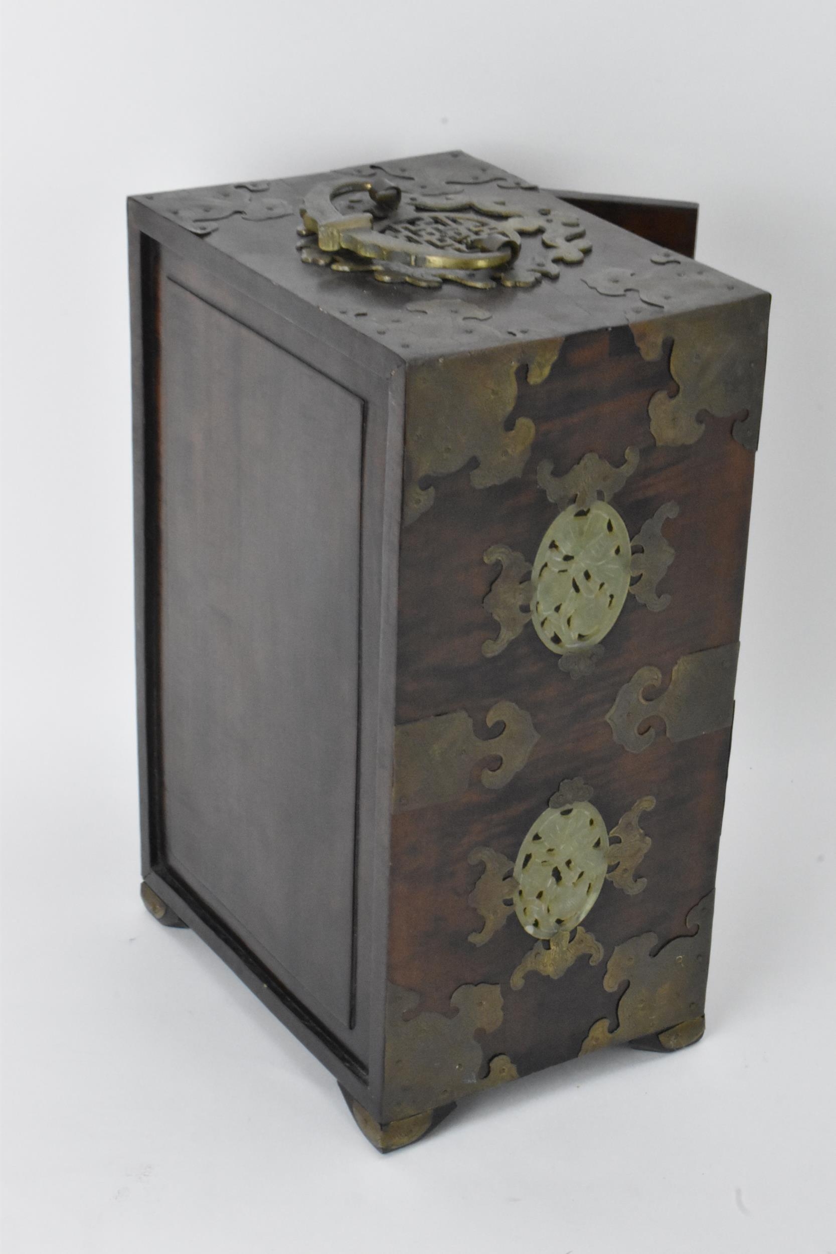 A Chinese 20th century hardwood and jade panelled jewellery cabinet box, the cabinet having twin - Image 5 of 5