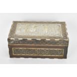 A late 19th century Indo-Persian katamkari cigarette box, decorated with a silver repousse panel