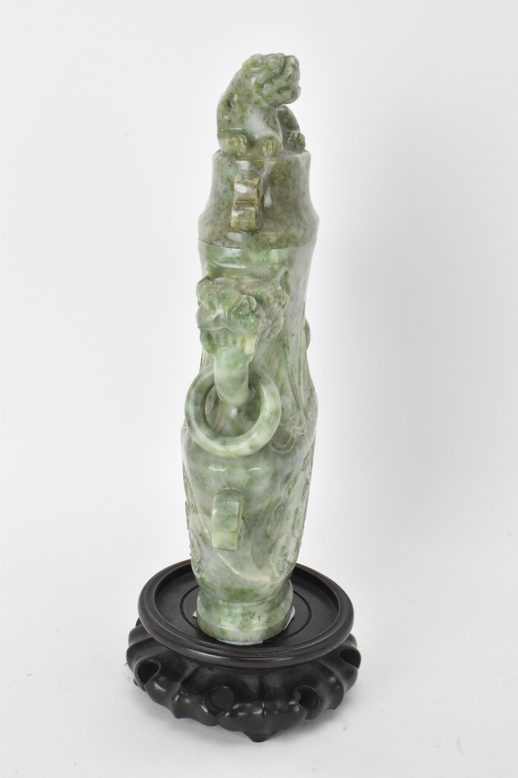 A Chinese 20th century jadeite vase, of flattened baluster shape with archaistic relief - Image 7 of 8