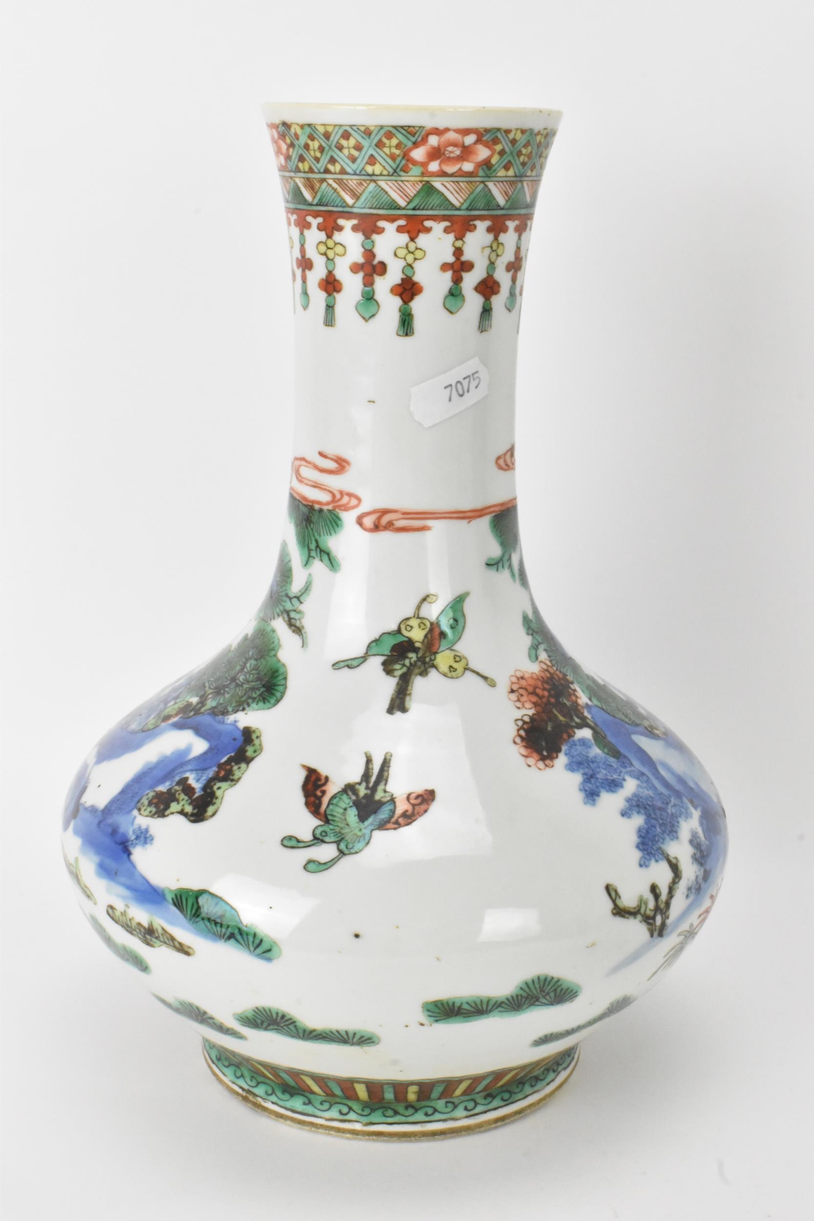 A Chinese Famille Vert bottle neck vase, decorated with figures, horse and butterflies in a - Image 3 of 6