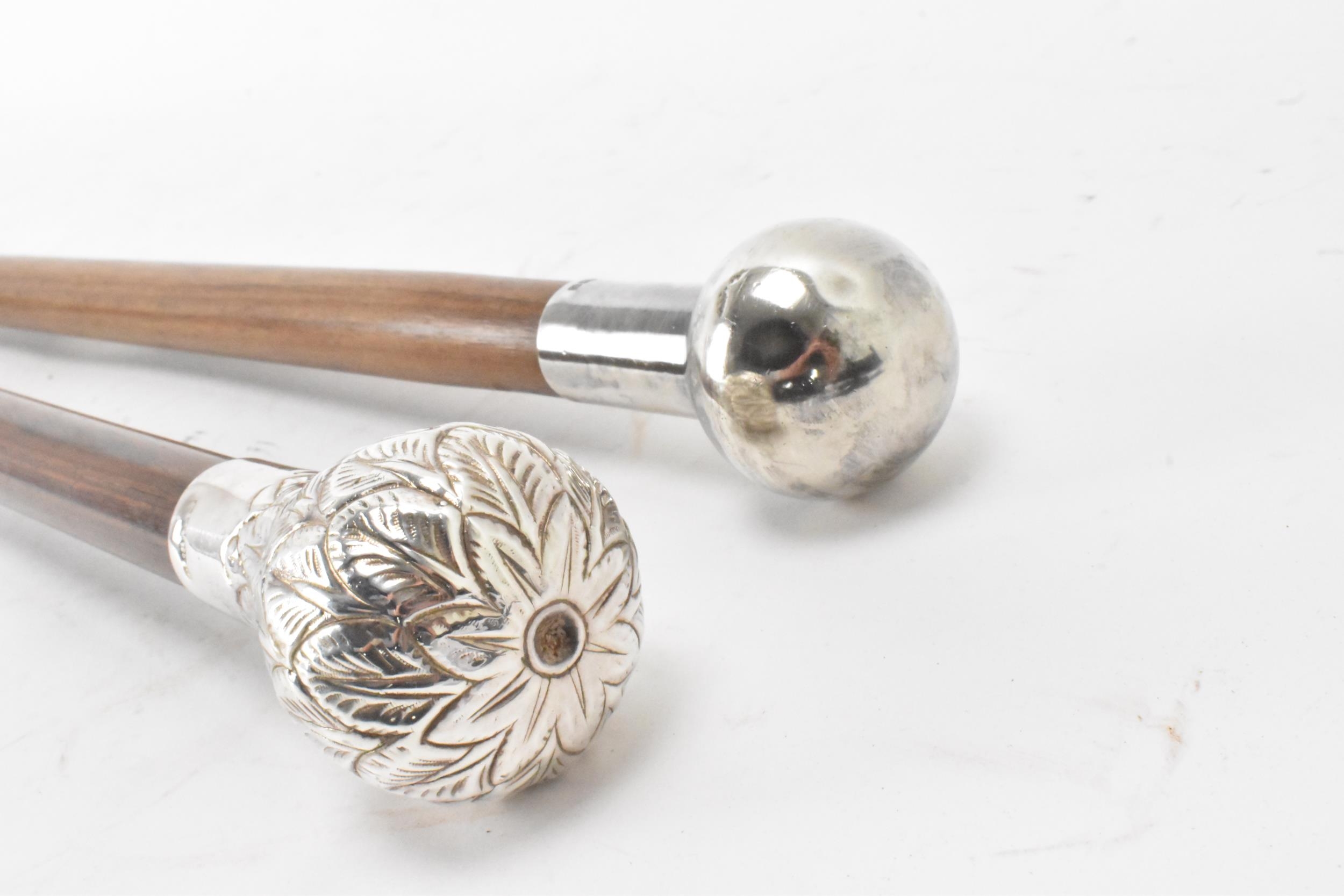 Two mid 20th century silver topped walking sticks, one having a ball knopped finial, hallmarked - Image 4 of 10