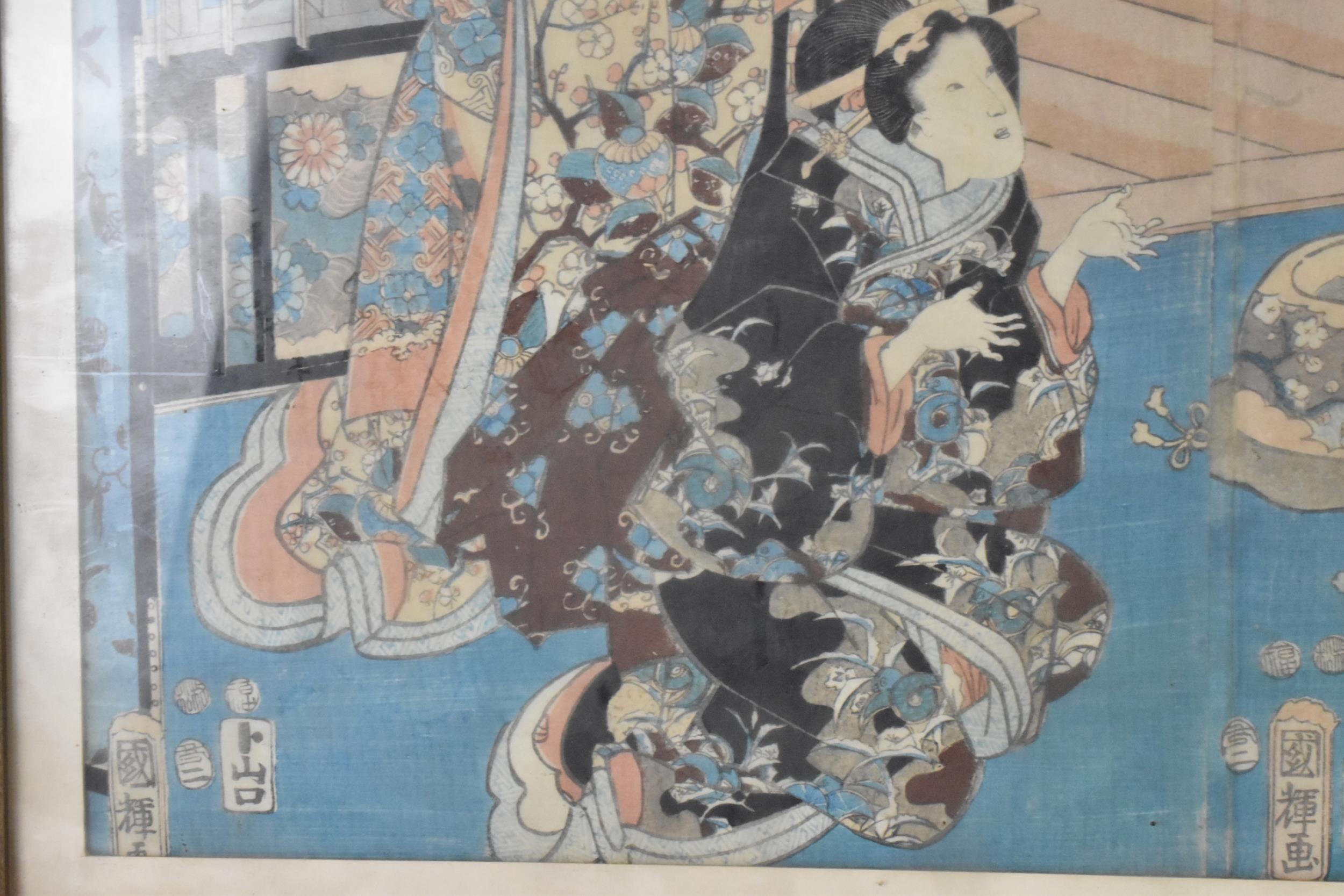 Utagawa Kuniyoshi (1797-1861) A mid 19th century woodblock print depicting Geisha girls interior - Image 7 of 8