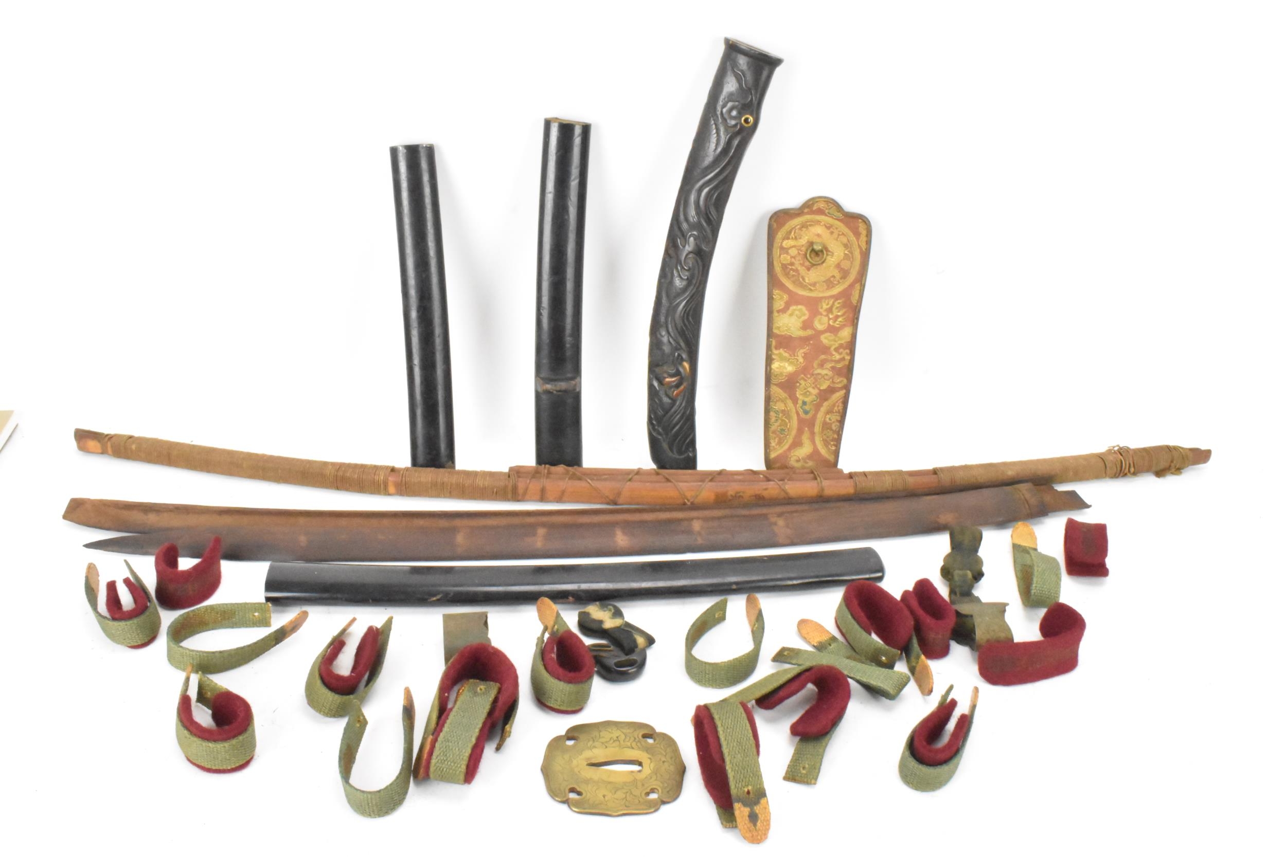 A selection of Japanese items to include a bamboo bow, bound in string and incised with two