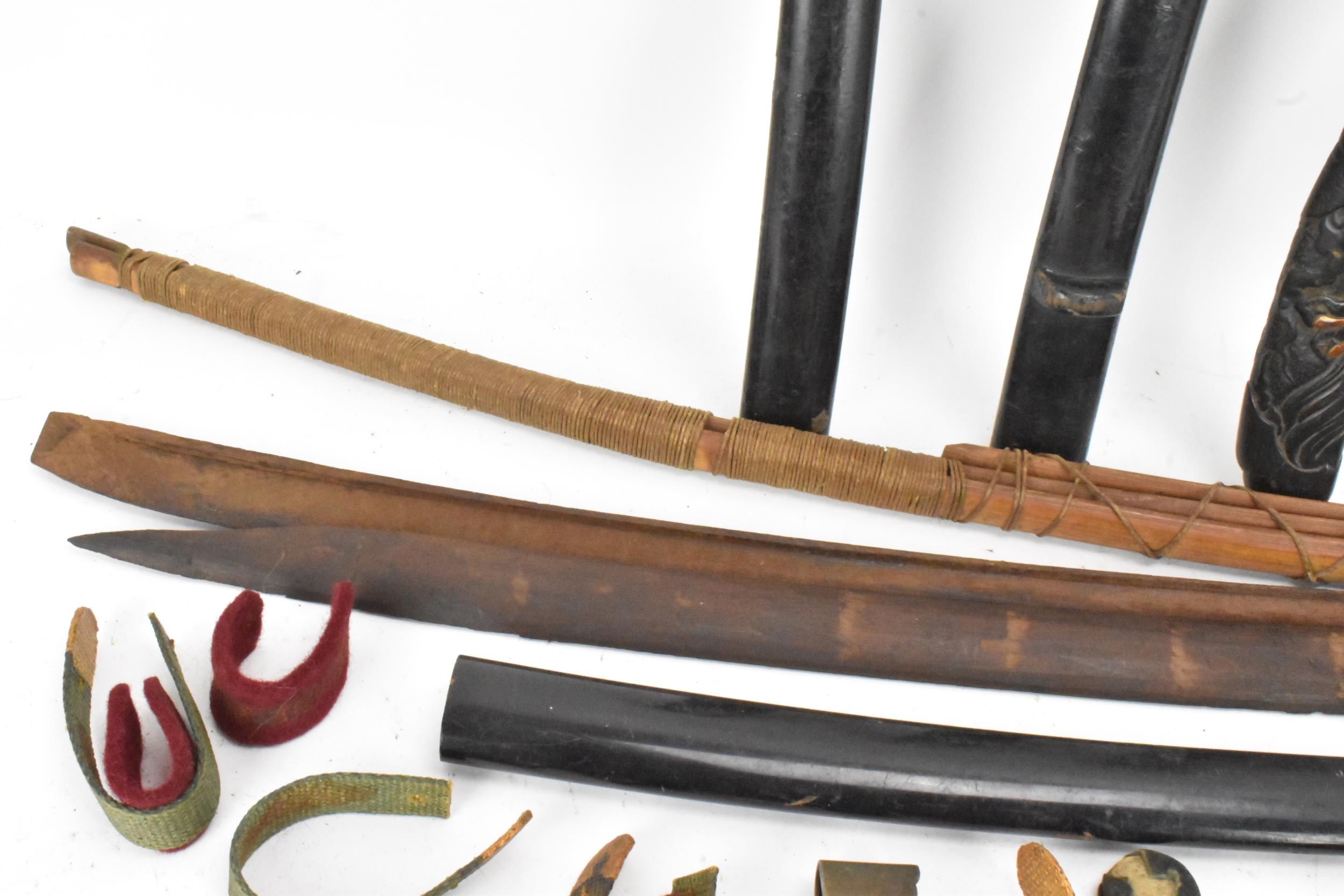 A selection of Japanese items to include a bamboo bow, bound in string and incised with two - Image 8 of 9