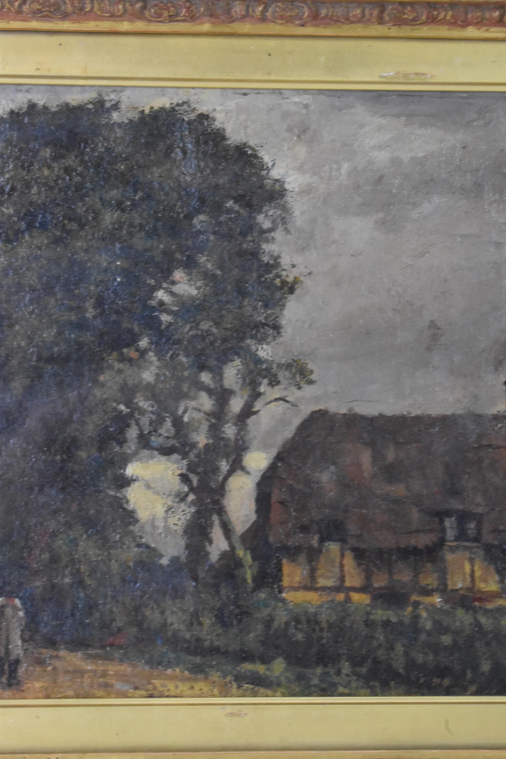 A late 19th century oil on canvas landscape scene depicting a cottage with a figure to the - Image 3 of 5