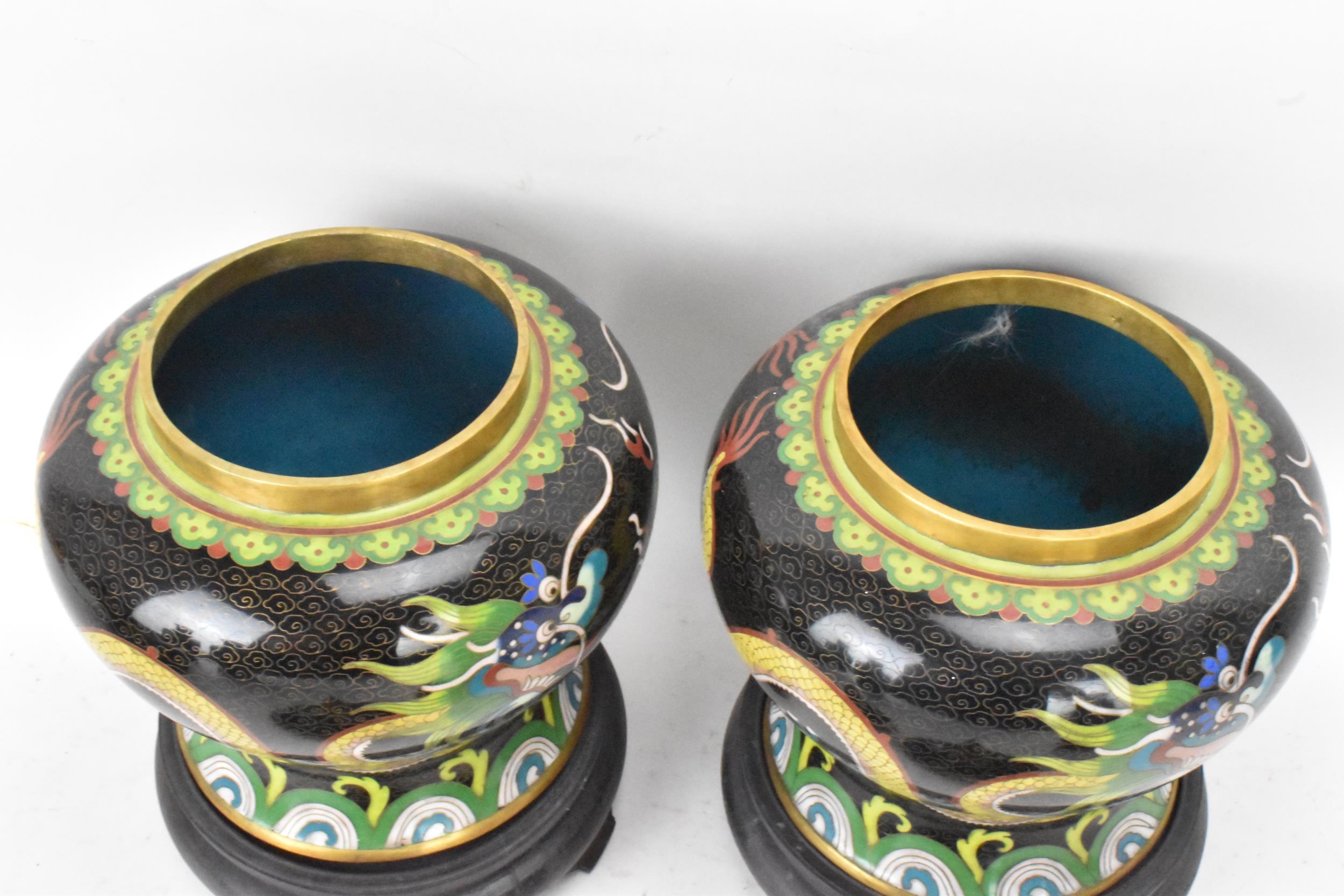 A pair of Chinese mid 20th century cloisonne lidded vases, each of baluster form body with black - Image 5 of 8