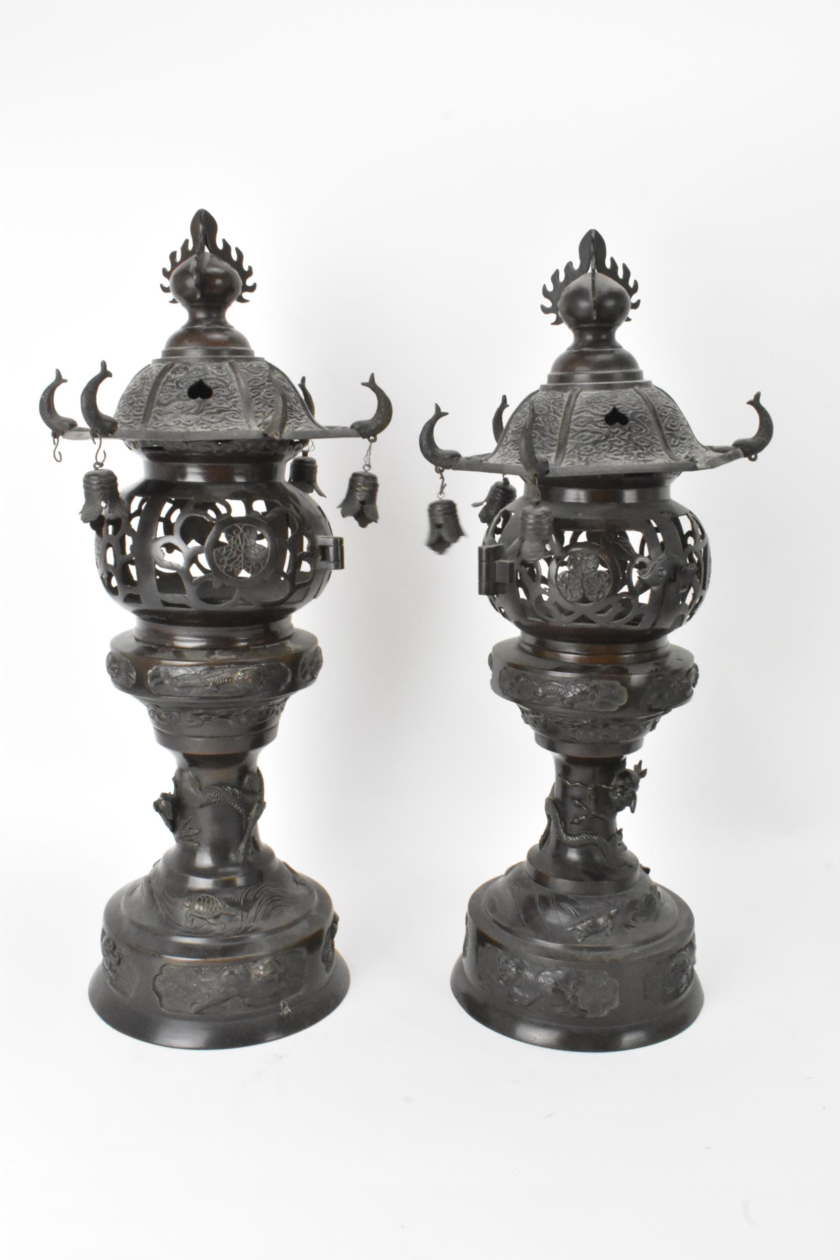 A pair of Japanese Meiji period bronze koros in the form of temples with pagoda roof with bells, - Image 4 of 7