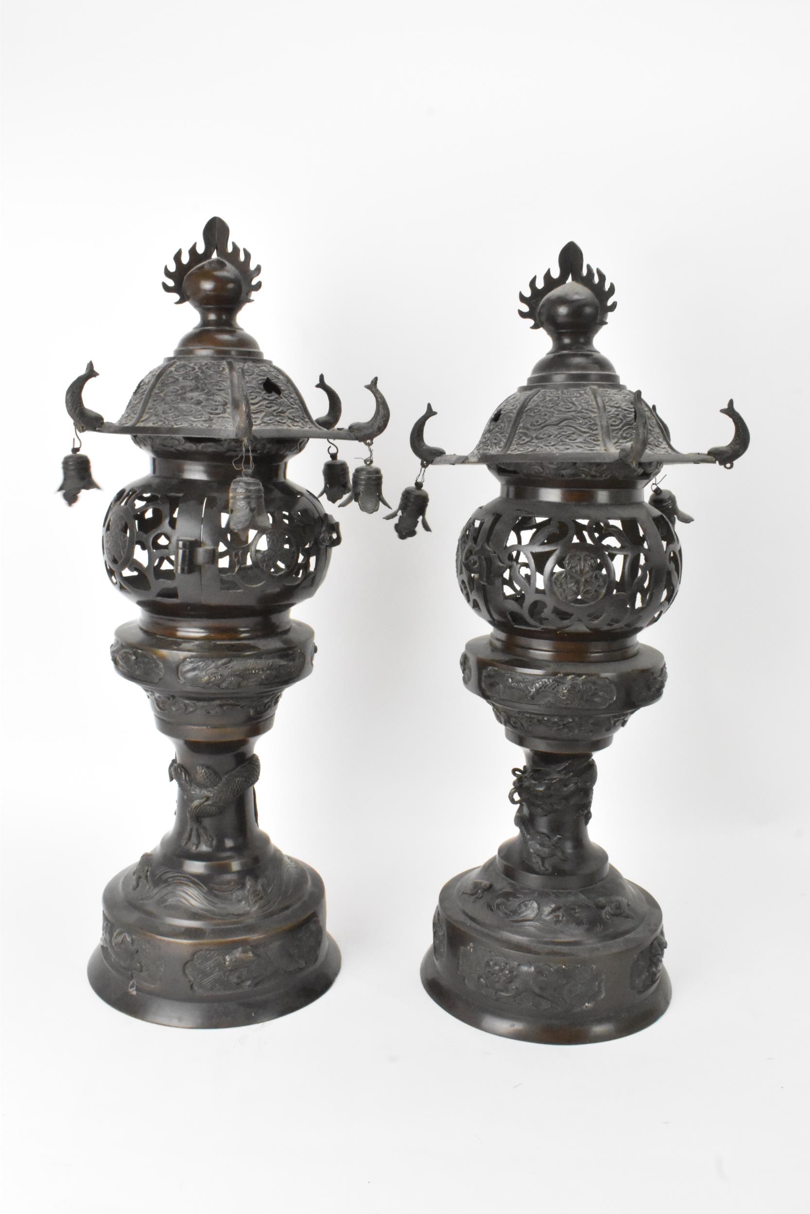 A pair of Japanese Meiji period bronze koros in the form of temples with pagoda roof with bells, - Image 5 of 7