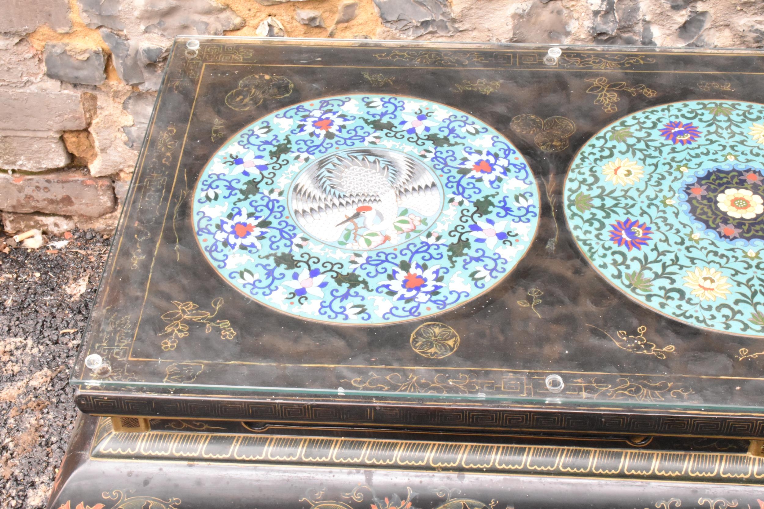 A Chinese 20th century cloisonne coffee table, the black lacquered low coffee table with a - Image 7 of 10