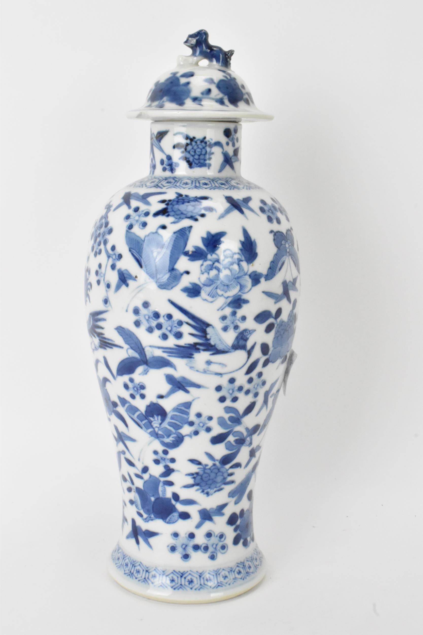 A Chinese Qing dynasty blue and white lidded vase, late 19th/early 20th century, decorated with - Image 3 of 6