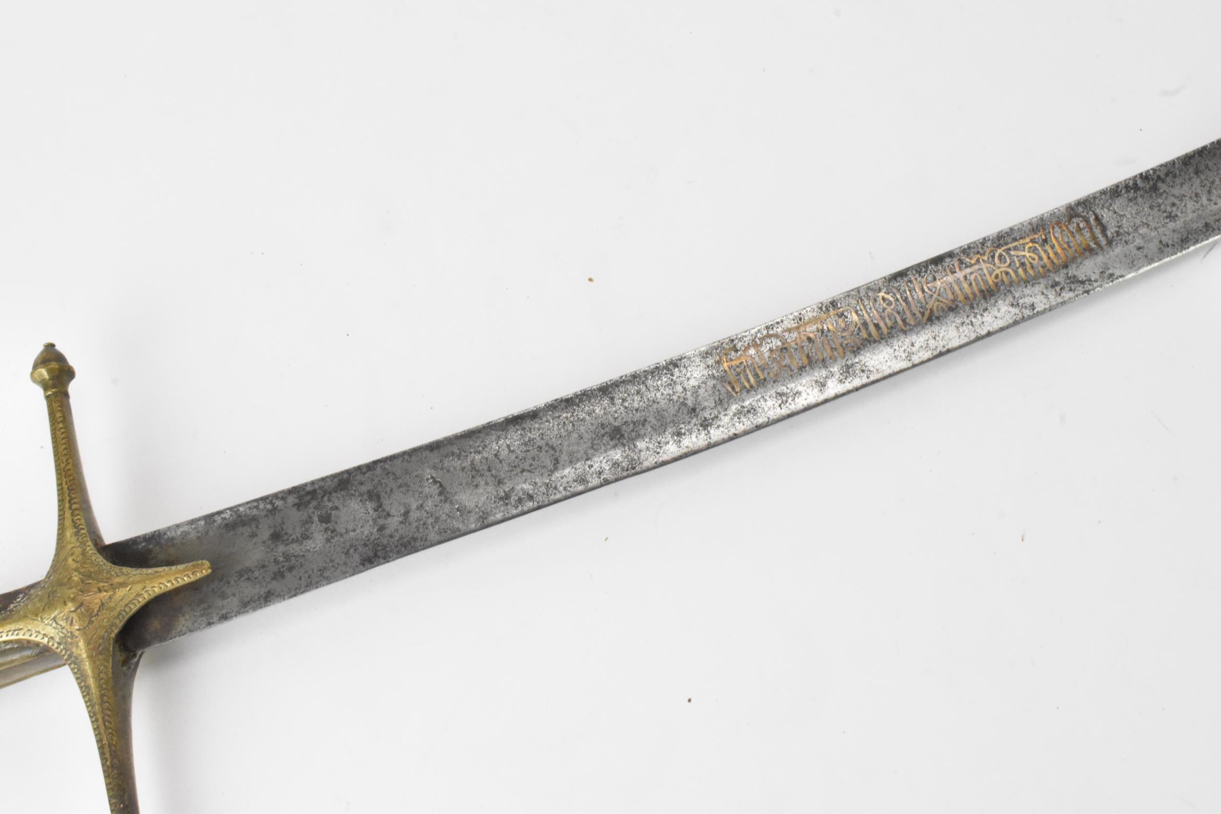 An Ottoman Empire shamshir sword, having a curved blade with gilt calligraphy, characteristic gilt - Image 8 of 16